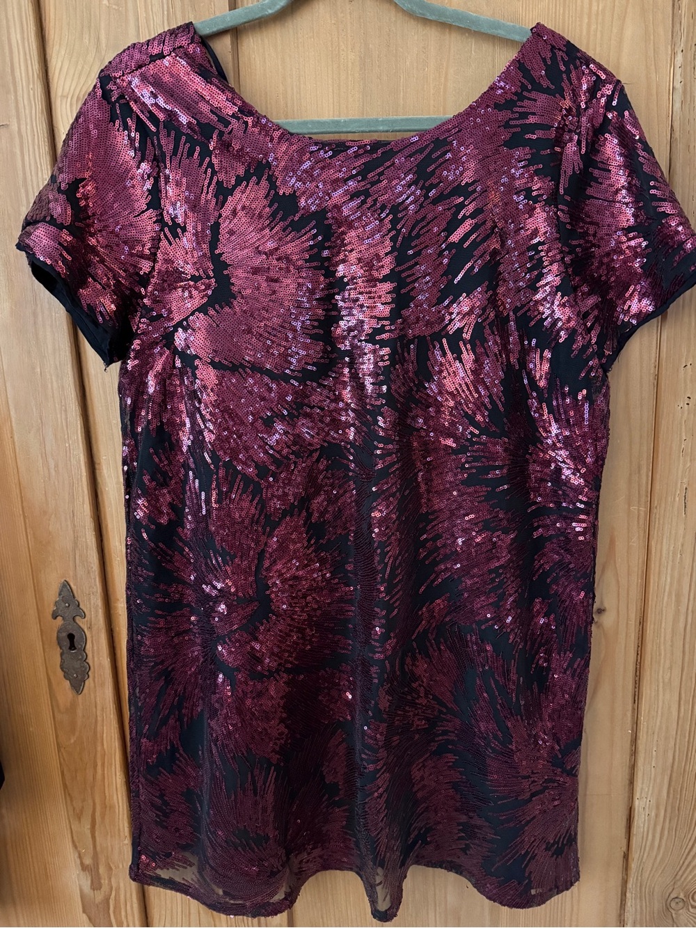 Aakaa Burgundy Sequin Short-Sleeve Mini Dress